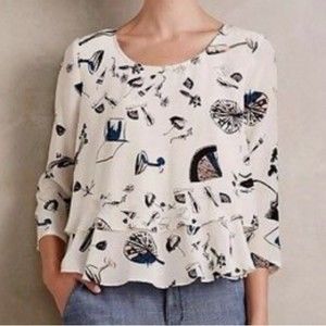 MAEVE Anthropologie Anthro On The Town Violin Print Silk Blouse